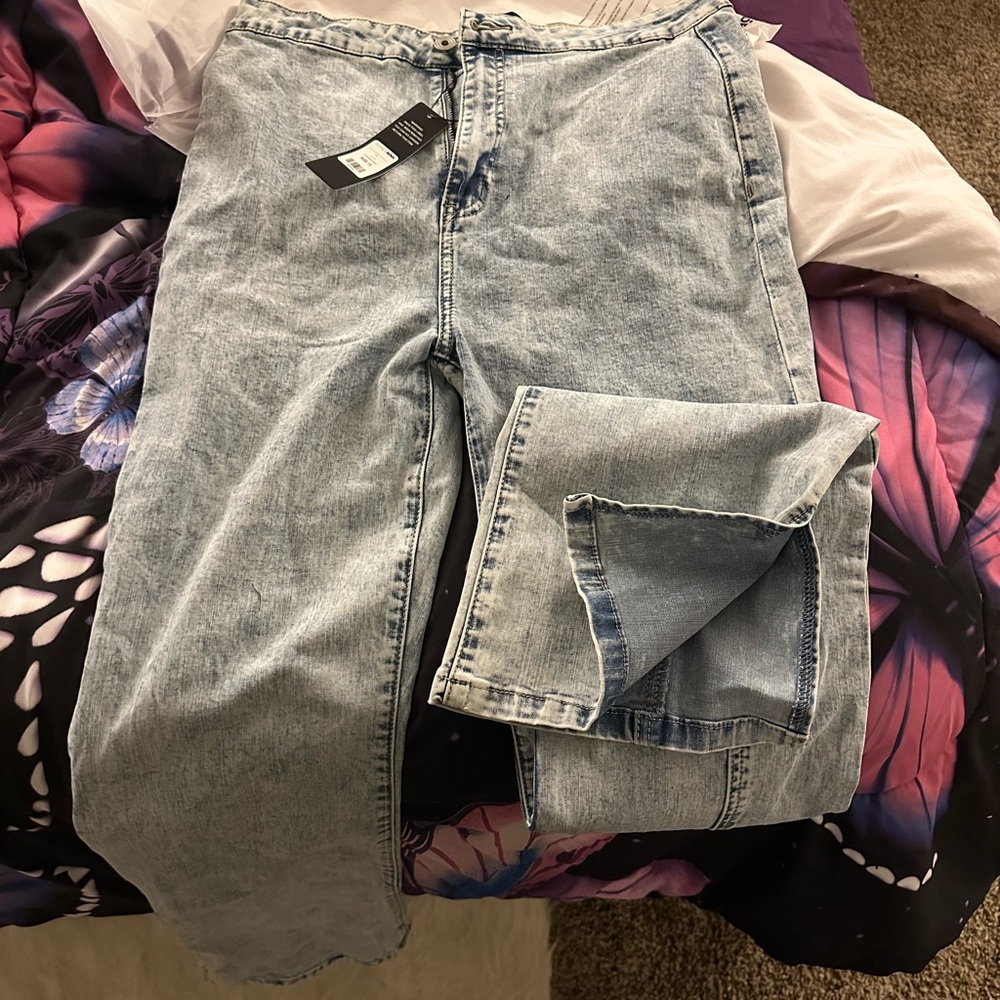 Side Slit Stretch Slim Bootcut Jeans - Acid Wash Denim